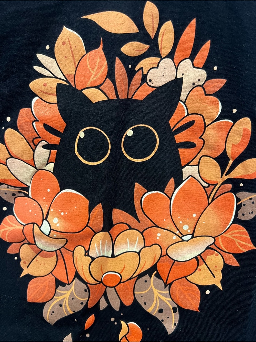 Hot Topic Black Cat Tee with Orange Floral Artwork